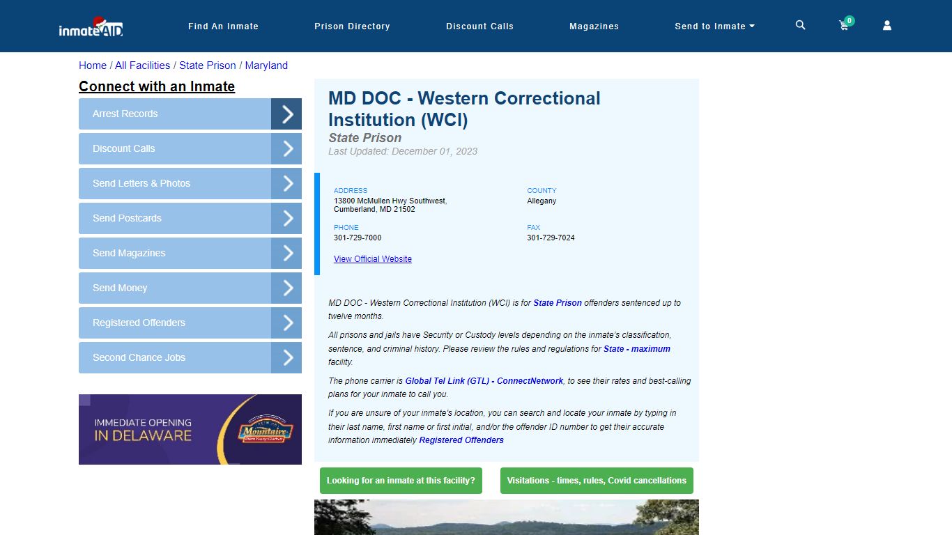 MD DOC - Western Correctional Institution (WCI) & Inmate Search ...